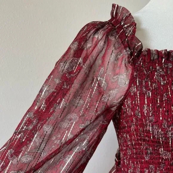 A Loves A Floral Printed Long Sleeve Square Neck Smocked Midi Dress in wine red - Picture 3 of 7